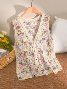 CosyJoli Plus Size Women's Contrast Color Single-Breasted Casual Knit Vest Fall/Winter - Apricot - View 7