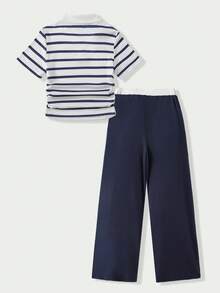 Casuvi Kids Set Kasual Kaos Lengan Pendek Bergaris dan Celana untuk Anak Perempuan Remaja - Blue and White - View 3