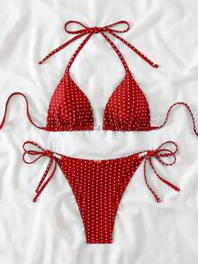 Swim Basics 女款夏季性感兩件式波點隨機印花掛脖綁帶比基尼套裝，附珍珠飾品 - 紅色 - 查看 3