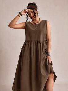 Freevana Plus Size Women Solid Color Round Neck Casual Boho Sleeveless Dress Vacation Brown Summer - Coffee Brown - View 5