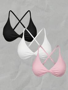 SHEIN Swim Atasan Bikini 3 Potong Wanita Warna Polos dengan Tali Bahu Tipis dan Desain Silang Terpilin untuk Musim Semi/Panas - MultiWarna - View 1