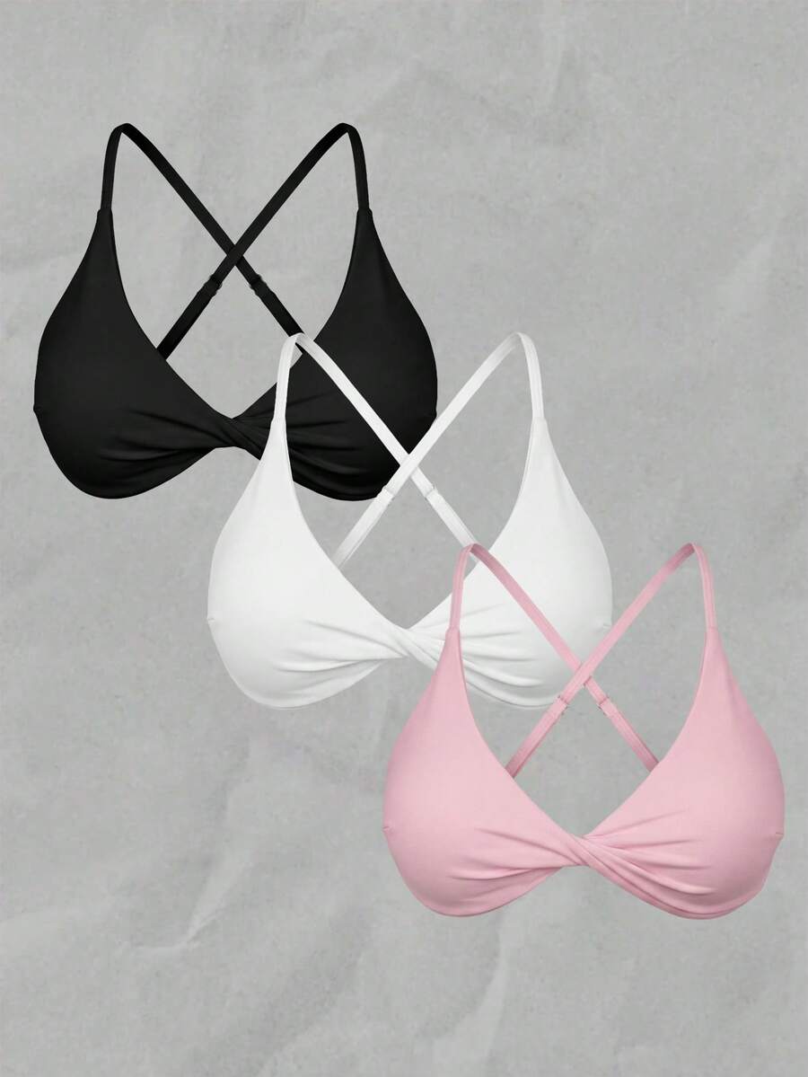 SHEIN Swim Atasan Bikini 3 Potong Wanita Warna Polos dengan Tali Bahu Tipis dan Desain Silang Terpilin untuk Musim Semi/Panas - MultiWarna - View 1