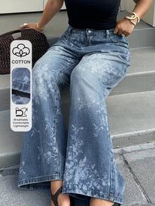 Dazy Plus Jeans rectos y holgados con estampado para mujer de talla grande, pantalones casuales de estilo callejero para vacaciones, primavera/verano - Azul lavado medio - Ver 1