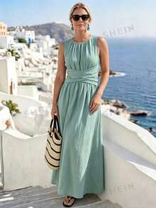 SHEIN LUNE CURVE Plus Size Solid Color Round Neck Wrap Casual Vacation Countryside Beach Holiday Sleeveless Dress - Mint Blue - View 6