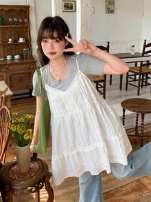 Dazy Plus Contrast Lace A-Line Camisole Top, White Layered Casual Tank Top For Girls, Versatile Spring/Summer Style - White - View 11