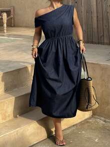 Dazy Plus Dark Wash Blue Vacation Style Off-Shoulder Cinched Waist Maxi Denim Dress, Casual For Plus Size Women - Dark Wash - View 7