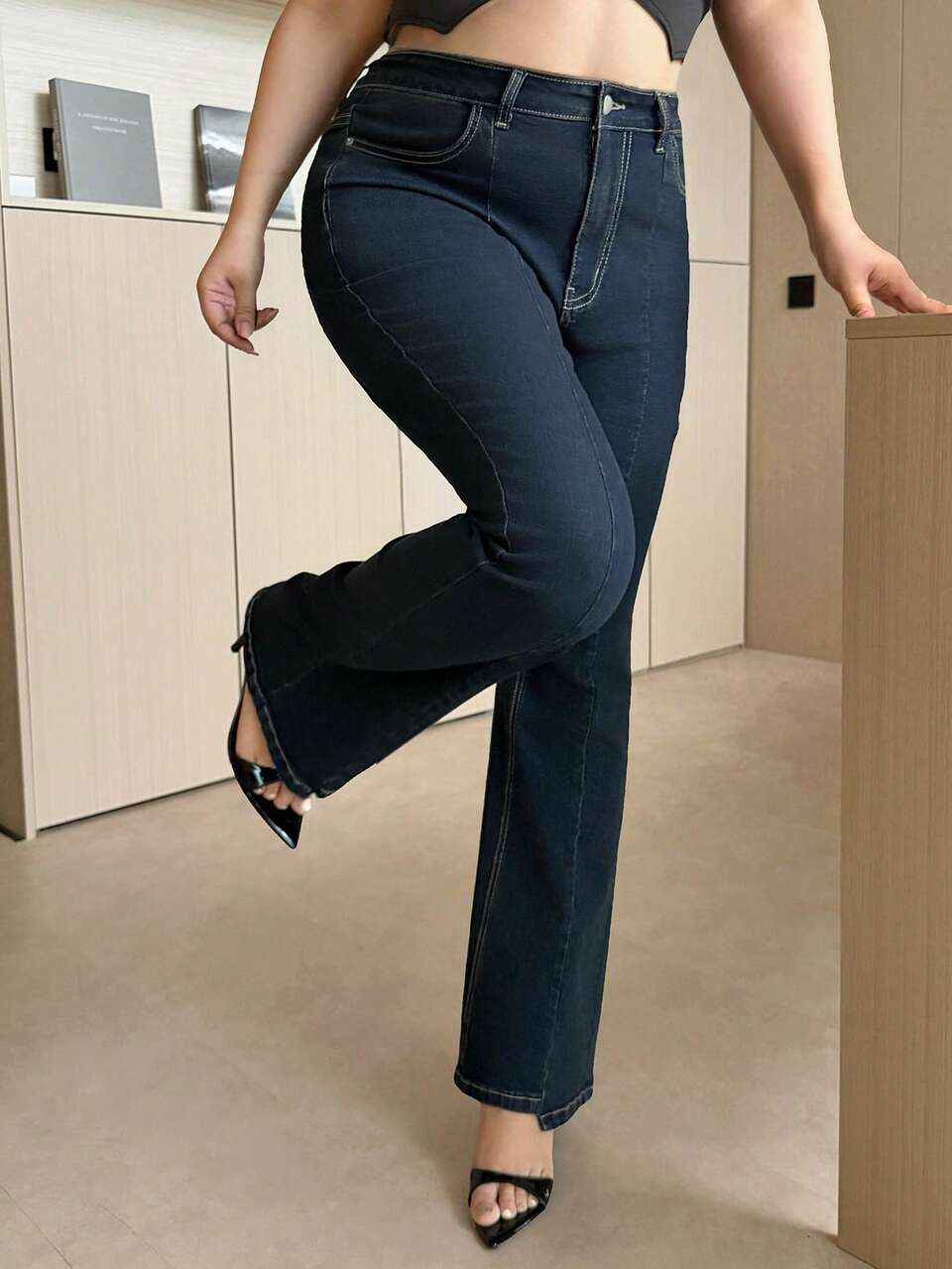 Dazy Plus Vintage Washed Blue Stretch Skinny Sexy Minimalist Sexy Flare Jeans, Hot Girl Pants, Plus Size Women's All Season Denim Fall