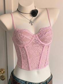 SHEIN EZwear Women's Lace See-Through Camisole With Steel Rings, Fishbone Shaping, Slim Fit, Short Length, Suitable For Summer Vacation Night Out Pink Floral - Pink - View 1