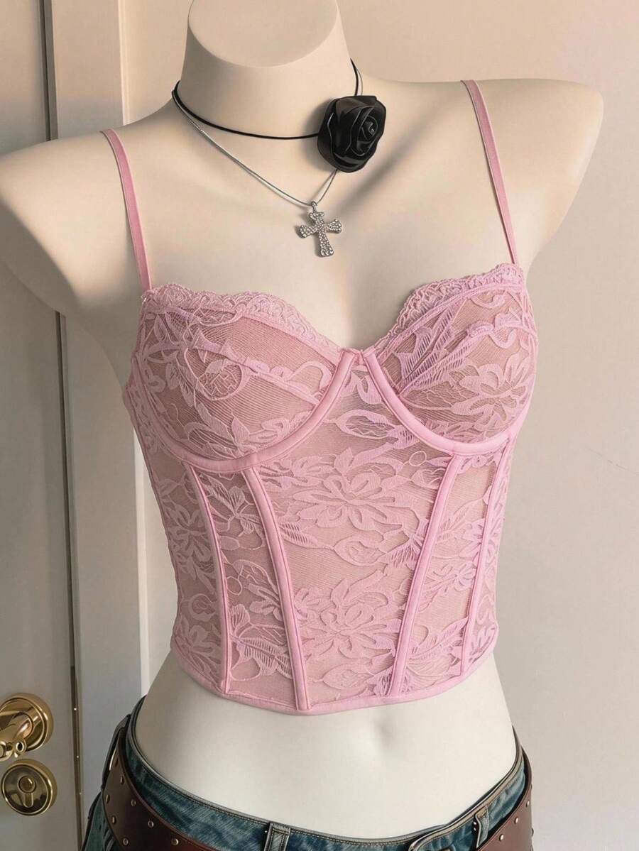 SHEIN EZwear Women's Lace See-Through Camisole With Steel Rings, Fishbone Shaping, Slim Fit, Short Length, Suitable For Summer Vacation Night Out Pink Floral - Pink - View 1