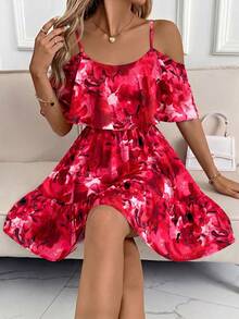 SHEIN Clasi 女款細肩帶露肩印花迷你洋裝 - 紅色 - 查看 4