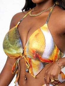 Zolique 2026 New Plus Size Women's Beach Vacation Multicolor Random Print Triangle Halter Neck Tie Bikini Top - Multicolor - View 3