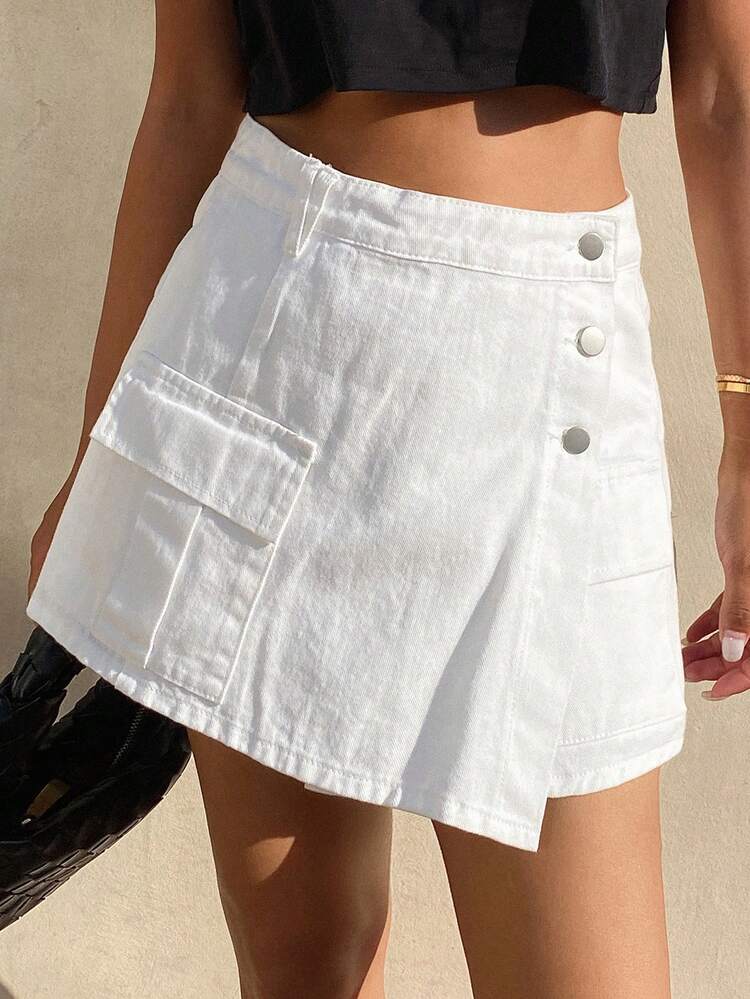 Women's Asymmetrical Placket Skirt-Style Street Casual Denim White Shorts