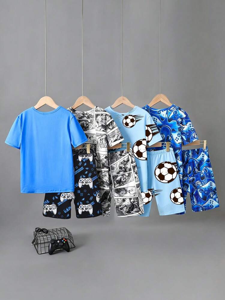 Blind Box 4 Sets Randomly Send 2 Sets Summer Boys Game Console Cartoon Soccer Print Crew Neck Knit Short Sleeve Shorts Snug Fit Loungewear Set, Comfortable Soft Skin-Friendly Suitable For Summer Wear Snug Fit - Multicolor - View 2