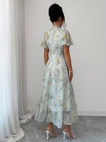 Modelyn Vestido acampanado con cordones, cintura ceñida, fruncido y estampado de mariposas para mujer - Verde - Ver 3