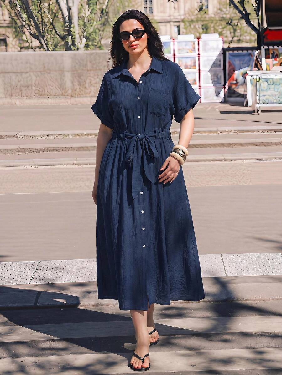 Maija 2026新款春夏大码连衣裙,梭织面料,适合情人节、婚礼季、万圣节、圣诞节等场合,女士休闲时尚中长连衣裙 - 藏蓝色 - 查看 1