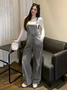 DAZY 闪亮水钻装饰 3D 蝴蝶结复古水洗灰音乐节情人节休闲街头户外直筒牛仔背带裤（女款） - 灰色 - 查看 8