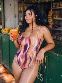 Swim Vcay Plus Size Vacation Beach Burnt Orange Print One-Piece Swimsuit Summer Sexy - Multicolor - View 3