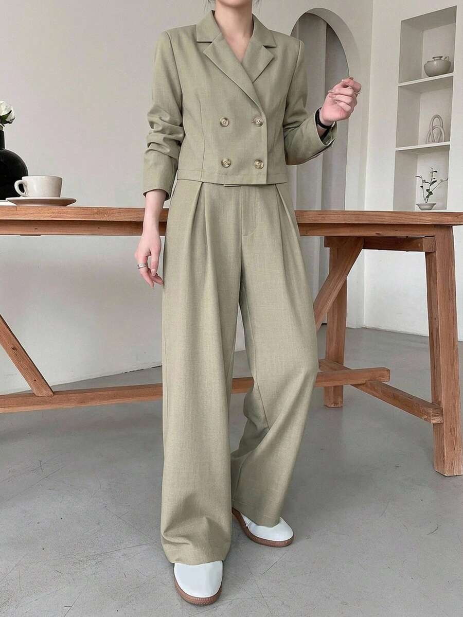 DAZY 女款 2 件組休閒夏秋款翻領長袖短版西裝外套與高腰寬腿長褲套裝 - 綠色 - 查看 1