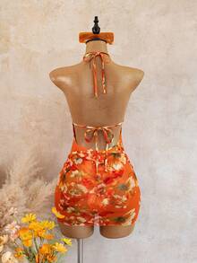 Swim SXY Bonvoyette 女款優雅性感紅色花卉兩件式比基尼套裝，花卉印花掛脖泳衣搭配透視網紗罩衫迷你裙，深 V 領 - 橘色 - 查看 5