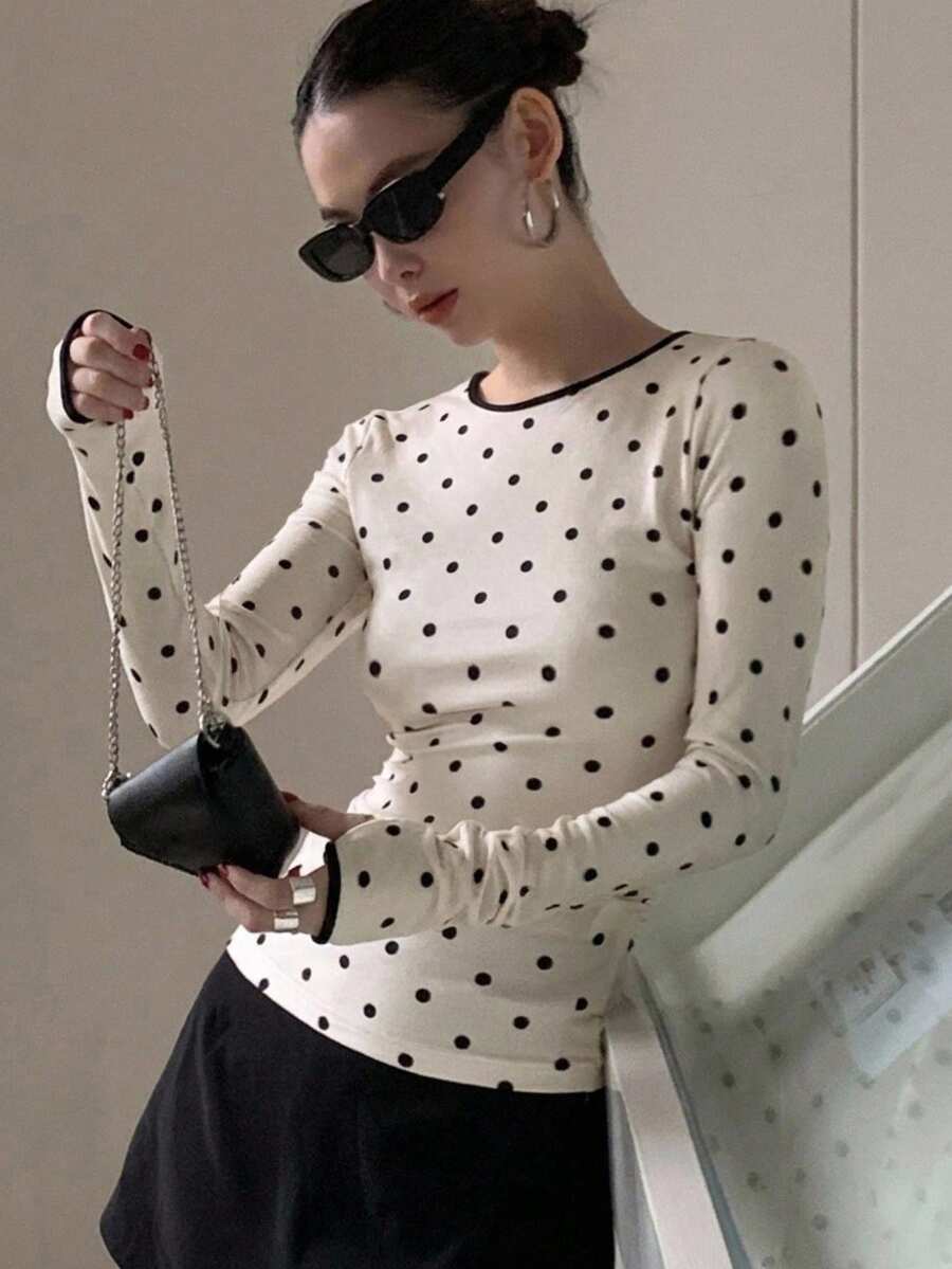FRIFUL Women's Round Neck Flocked Polka Dot Fitted Tight Contrast Edge T-Shirt Long Sleeve - Beige - View 1