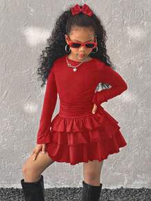 Coolane Kids Gaun Hitam Lengan Panjang Elegan Warna Polos dengan Hiasan Rumbai untuk Remaja Perempuan Musim Panas/Semi, Gaun Musim Gugur & Musim Dingin untuk Paduan Busana Merah, Pakaian Remaja Perempuan, Pakaian Y2k - Merah - View 7