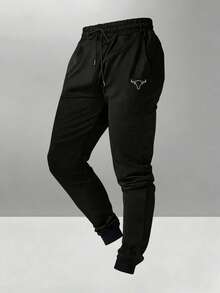 Gym Rark Men's Bull Head Print Short Sleeve Top And Drawstring Waist Long Pants Casual Daily Sports Set - Black - View 3
