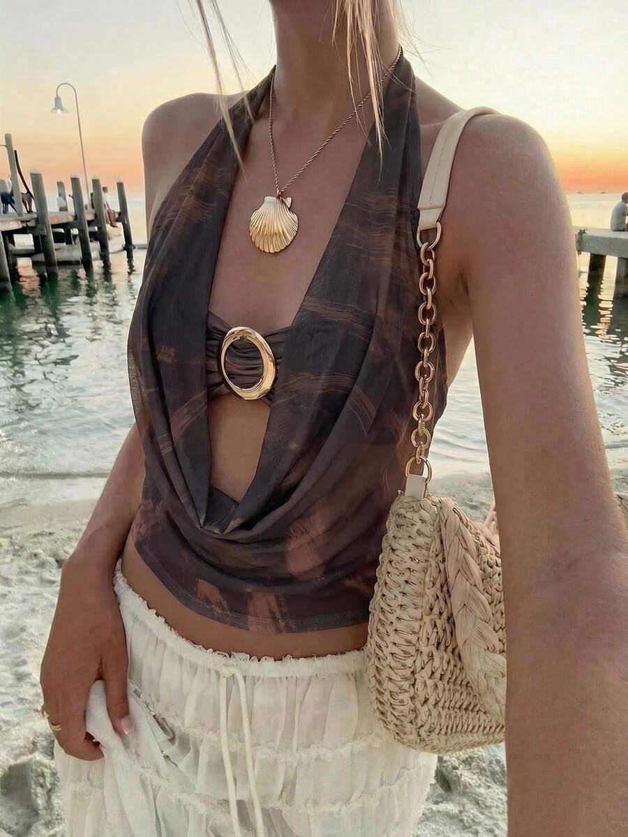 Aloruh 女款春夏新款紮染印花波希米亞風背心,披肩領2合1上衣,音樂節與街頭風上衣 - 咖啡棕 - 查看 1