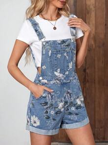 SHEIN Unity 女款花卉印花口袋休閒牛仔吊帶短褲 - 彩色 - 查看 6