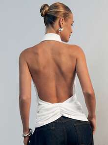 Hauture Women's Sexy Backless Asymmetrical Design Sleeveless Halter Top - White - View 2