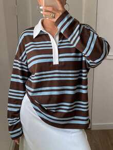 DAZY Women's Loose Striped Long Sleeve Patchwork Contrast Color Casual Top, Spring & Summer - Coffee Brown - View 4