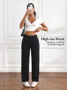Flexra Jeans cómodos de pierna recta con alta elasticidad para mujer - Negro - View 7