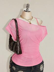 SHEIN ICON 大尺碼夏季休閒素色不對稱領口抽褶腰部T恤 - 粉色 - 查看 8