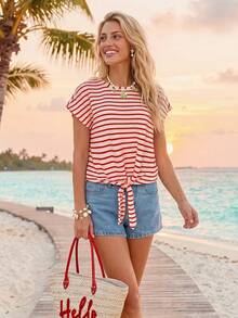 Sylviya Blusa Casual Feminina de Férias de Verão com Listras para Praia - Multicolorido - Visão 5