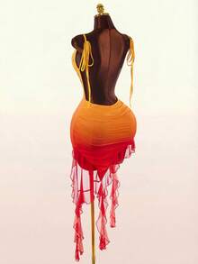 Amplova Women's Midi Dress, Draped Neckline, Drawstring Ruched Detail, Ruffle Hem, Spaghetti Straps, Ruffle Back, Backless, Floral Print, Avant-Garde Sexy - Orange - View 7