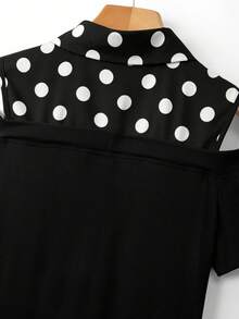 RosyDaze Black And White Polka Dot Off-Shoulder Dress Elegant Asymmetric Two-In-One Shirt Dress Ribbed Knit Short Sleeve Summer Vacation Party Tea Outfit - Black - View 7