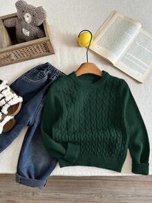 SHEIN LMoss Kids Sweater Rajut Leher Bulat Warna Polos Klasik untuk Anak Laki-Laki, Cocok untuk Musim Gugur/Musim Dingin - Dark Green - View 2