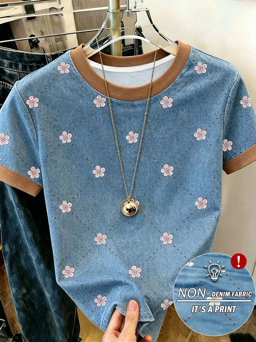 Resyla 女款夏季新款戶外休閒 70 年代運動圖案設計花卉印花街頭風對比色滾邊 T 恤 藍色與粉色 - 彩色 - 查看 1