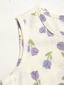 Vestido casual de gasa con estampado floral sin mangas para niña de vacaciones - Morado - Ver 4