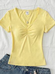 Tween Girls Tween Girl Cream Yellow Patchwork Ruffle V-Neck Fitted Short Sleeve T-Shirt - Yellow - View 6