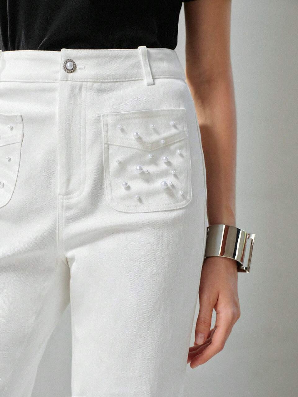 PEARL DECORATED PATCH POCKET FLARE PANTS