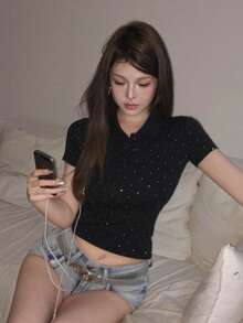 DAZY 春夏亮片黑色圓領基本款音樂節情人節婚禮休閒街頭戶外度假海灘優雅通勤短袖女款T恤 - 黑色 - 查看 11