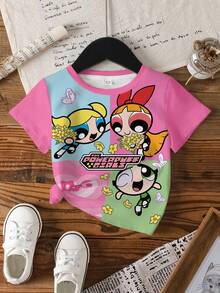 THE POWERPUFF GIRLS X SHEIN 少女休闲日常通勤可爱卡通拼接印花短袖T恤，夏季 - 白色 - 查看 4