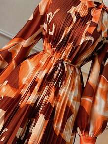 Rometta Plus Size Women's Stand Collar Pleated Waist Knot Design Casual Party Dress - Multicolor - View 4