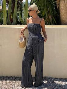 Livesso Summer Black And White Striped Pinstripe Camisole Top Straight Leg Casual Pants Set, Loose Business Casual, Commute Women's 2-Piece Outfit Vacation - Dark Wash - View 6