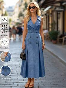 Editum Rochie elegantă de vară pentru femei, albastră, cu buline, rever și breton dublu, fără mâneci, croială A-line, midi, stil retro francez, pentru vacanță și brunch - Albastru - Vizualizare 10