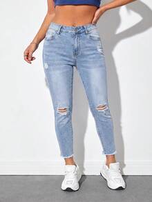 Jeanoix Plus Size Women's Pocket Distressed Skinny Casual Versatile Jeans Formal Light Blue Summer - Blue - View 5