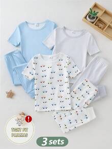 6pcs/Set Boys' Fashion Simple Comfortable Cute Casual Daily Soft Skin-Friendly High Elastic Knit Fabric Solid Color Striped Multi-Color Car Cartoon Print Pattern Round Neck Short Sleeve Top And Long Pants Tight Fit Loungewear - Multicolor - View 3