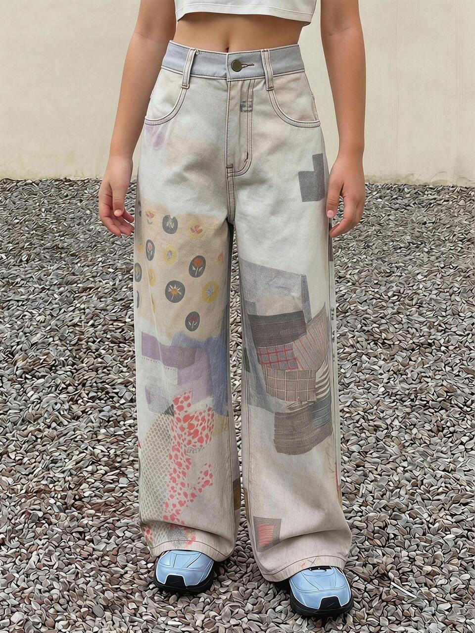 Design Straight Leg Colorblock Jeans For Girls (Large)