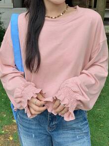 Dazy Plus Solid Color Casual Knit Round Neck Long Sleeve Bell Sleeve Teen Casual Pink Spring Summer Autumn Versatile Plus Size Women T-Shirt Cute Tops - Pink - View 1
