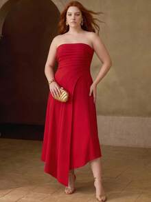 MOTF PREMIUM PLUS SIZE PLEATED STRAPLESS DRESS - Red - View 1
